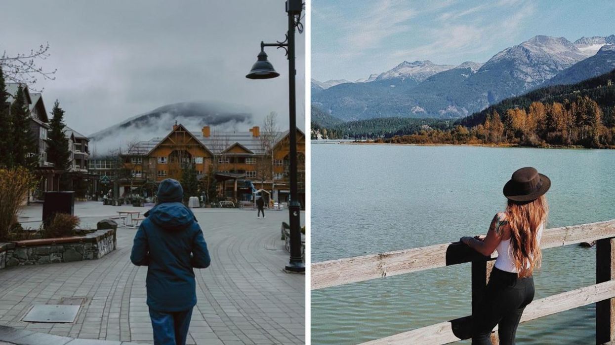 A person walking in Whistler Village. Right: A person looking at a lake in Whistler.