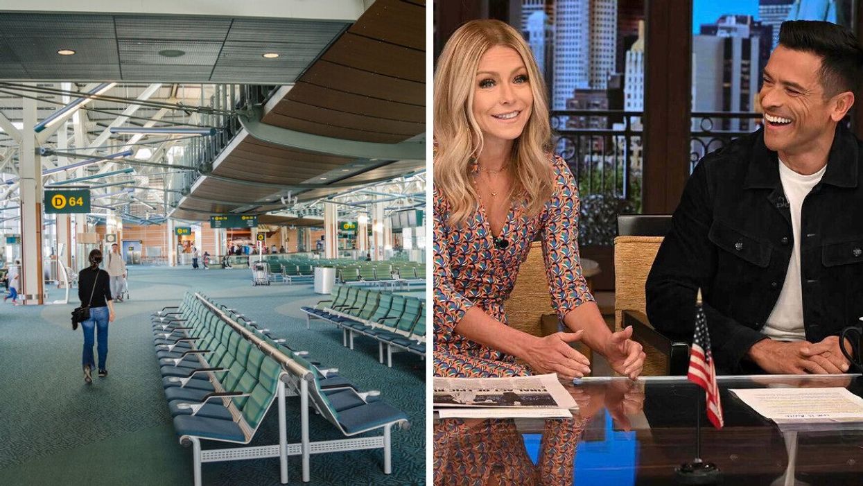 A person walking inside Vancouver International Airport. Right: Kelly Ripa and Mark Consuelos on 'Live with Kelly and Mark.'