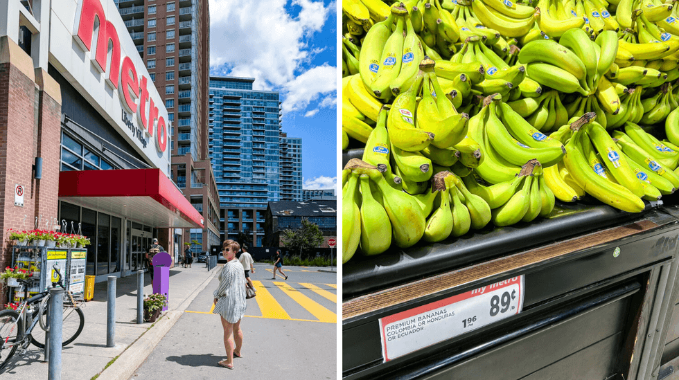 A person walking into a metro store. Right: A display of bananas in a grocery store produce section.