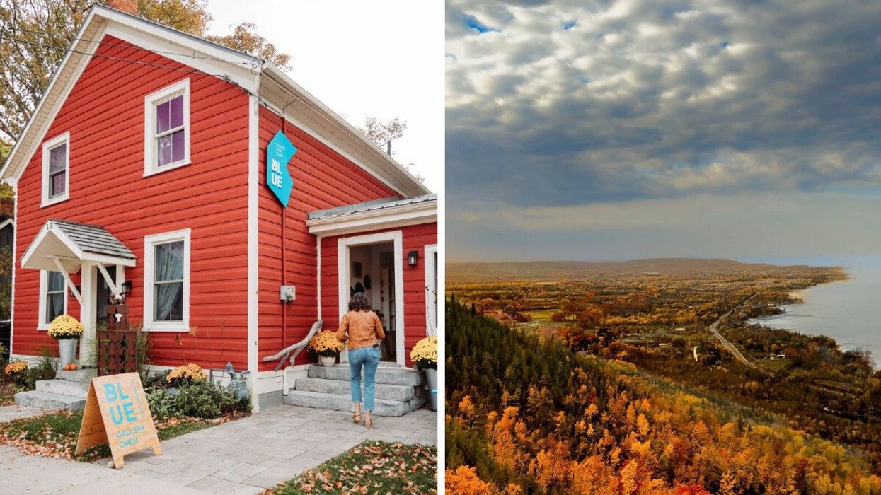 A person walking into a red building. Right: A view of fall foliage.