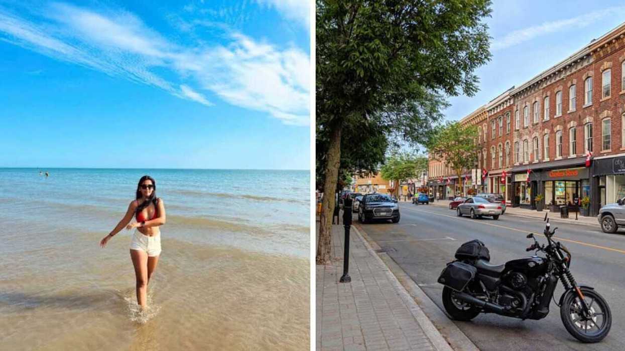 A person walking on a beach. Right: A historic street.