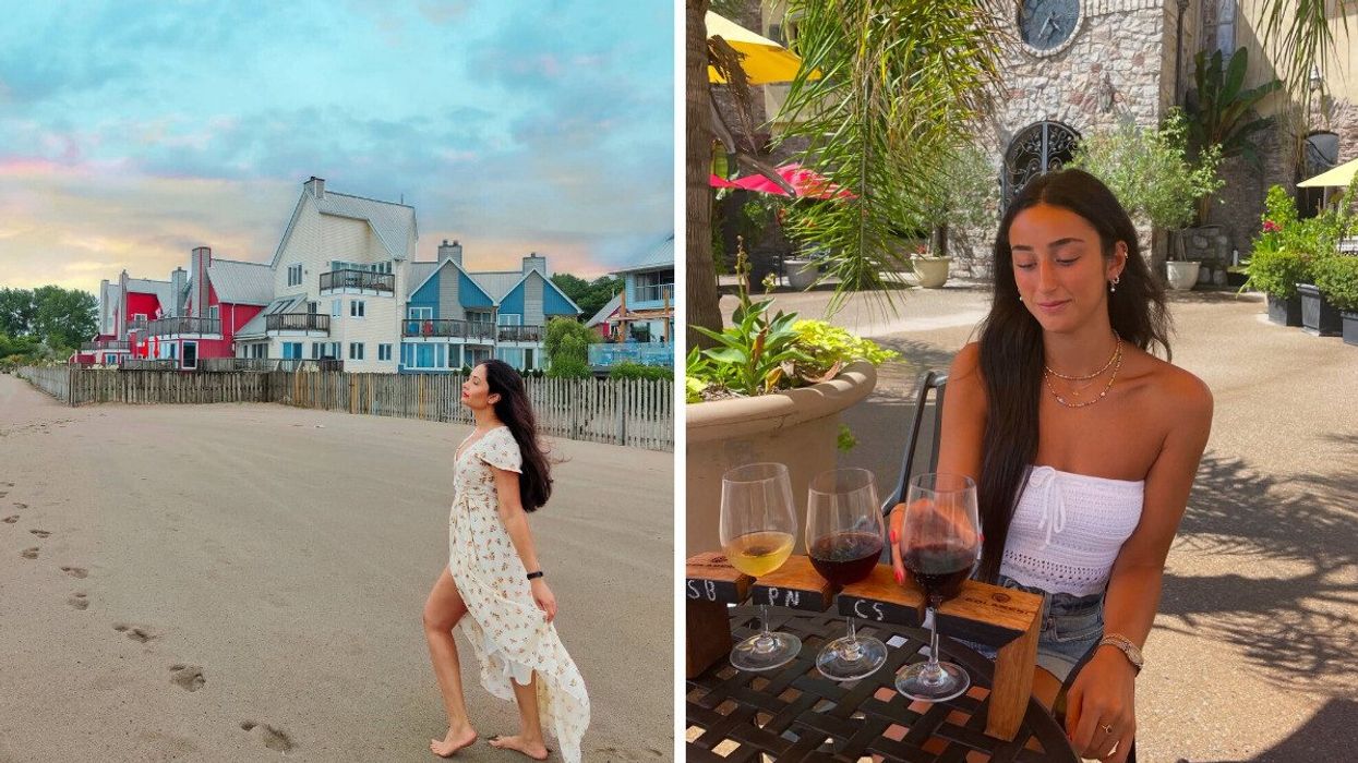 A person walking on a beach. Right: A person sitting at a winery.