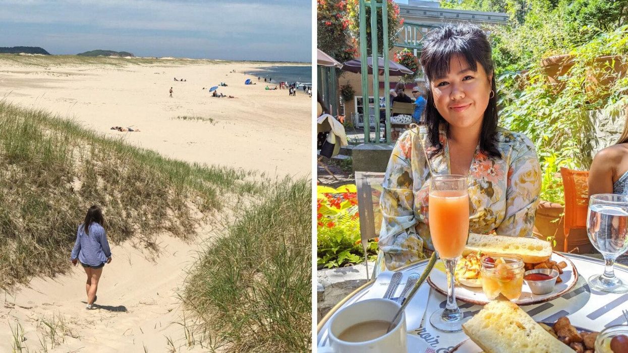 A person walking on a beach. Right: A person sitting on a restaurant patio.
