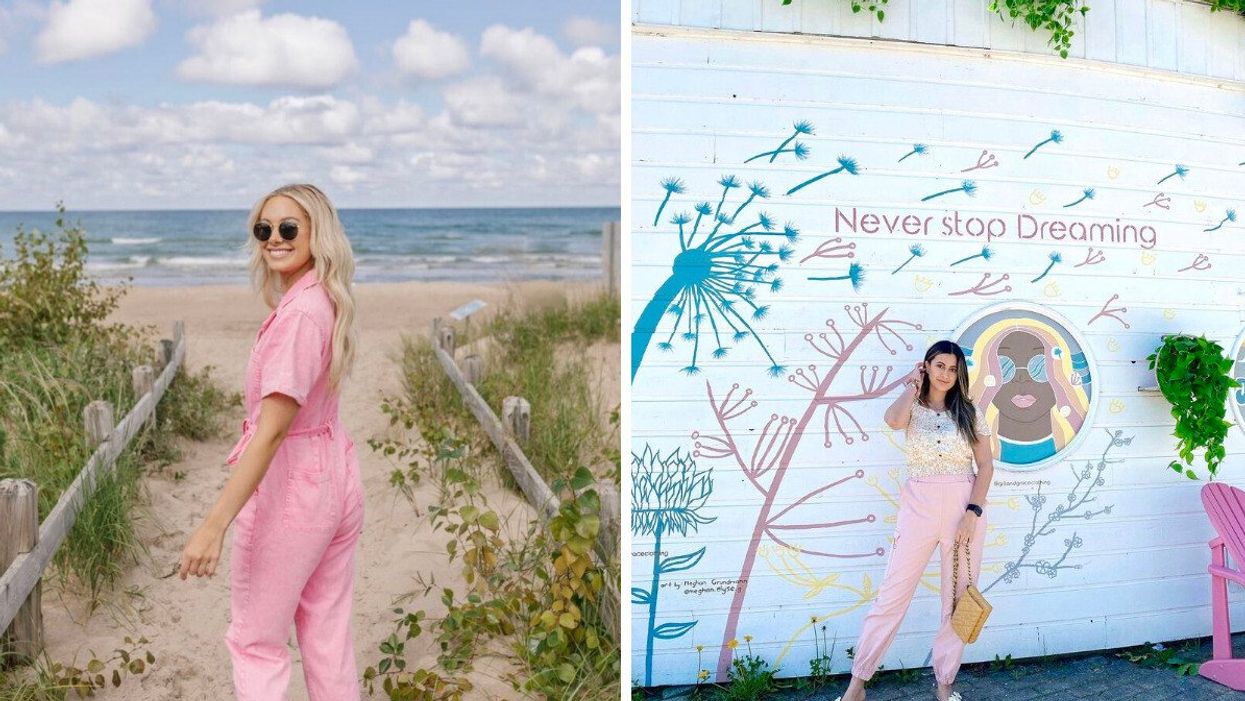 A person walking on a beach. Right: A person standing beside a mural.