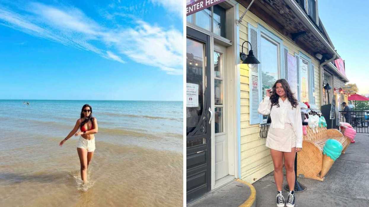 A person walking on a beach. Right: A person standing by an ice cream shop.