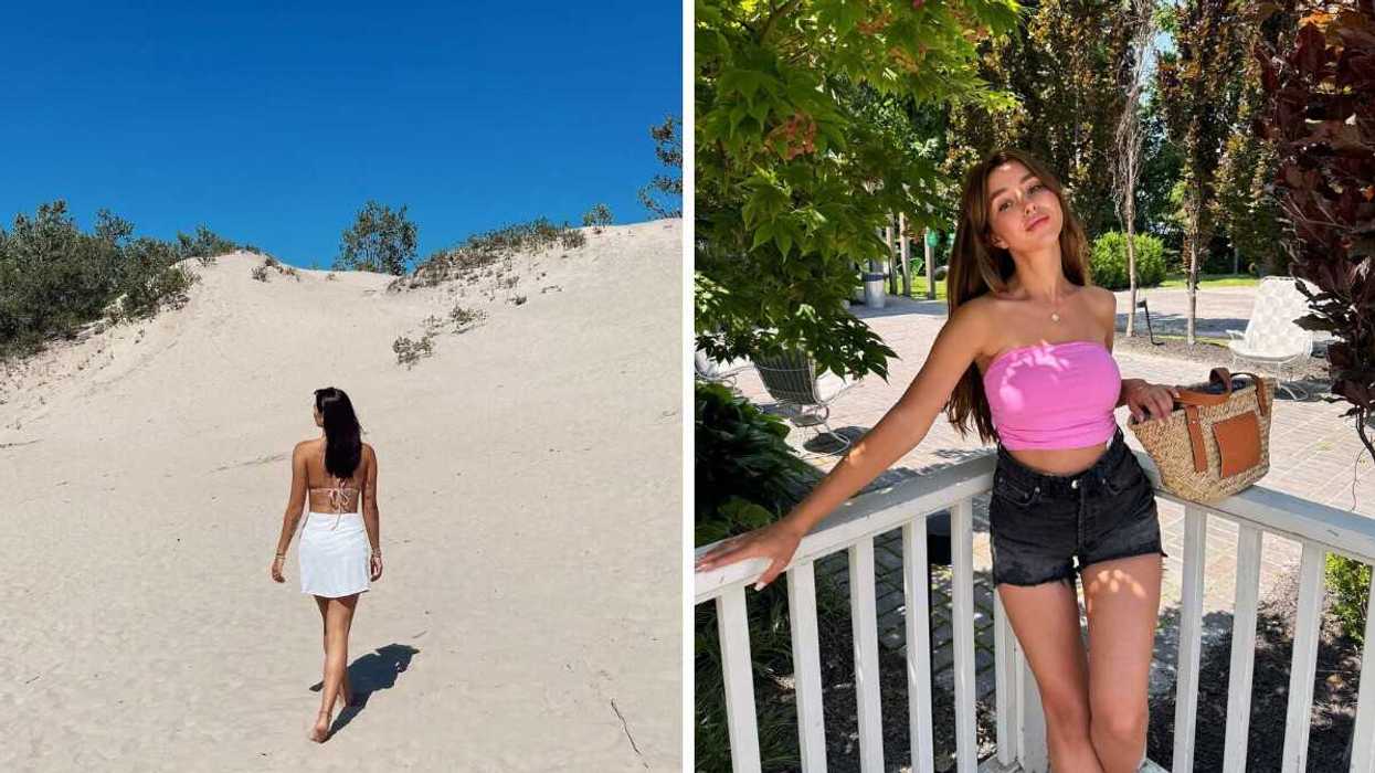 A person walking on a beach. Right: A person standing in a town.