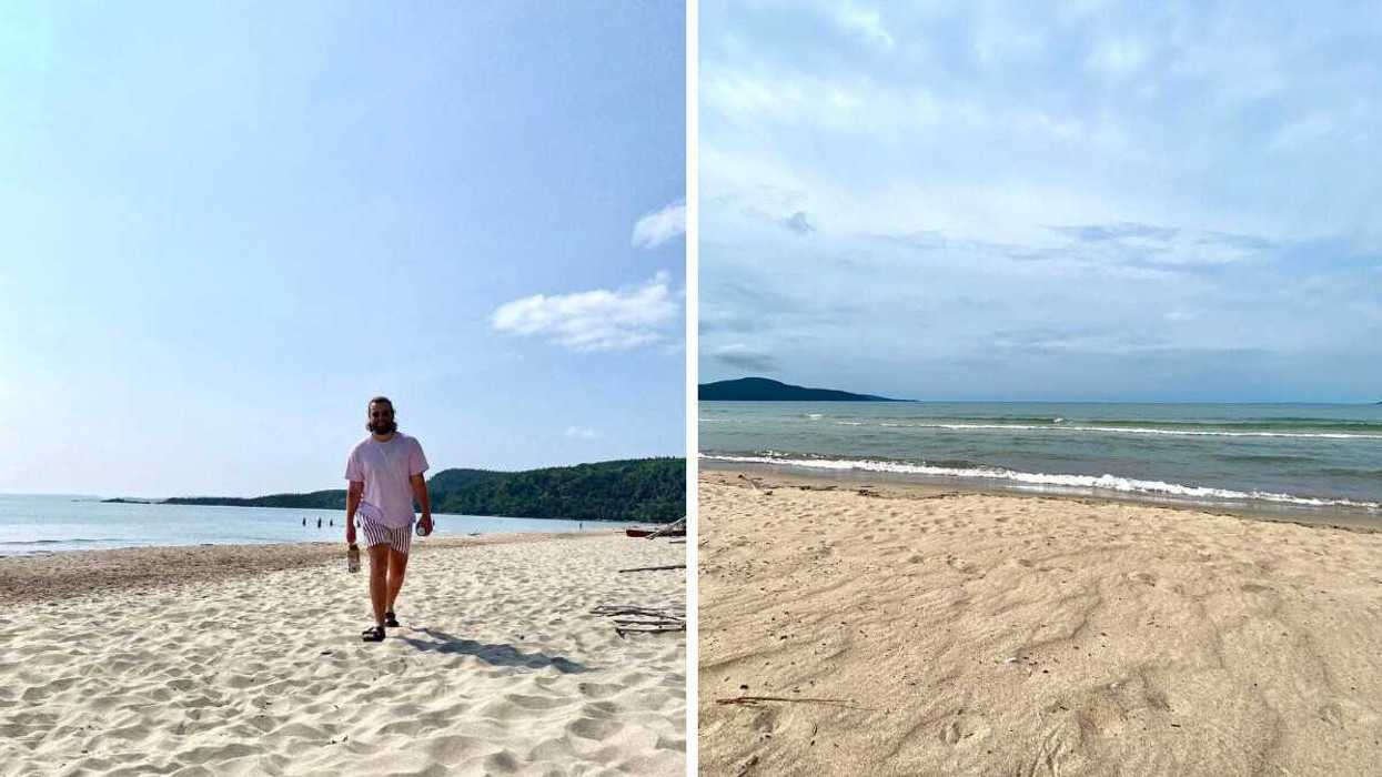 A person walking on a beach. Right: A sandy beach.