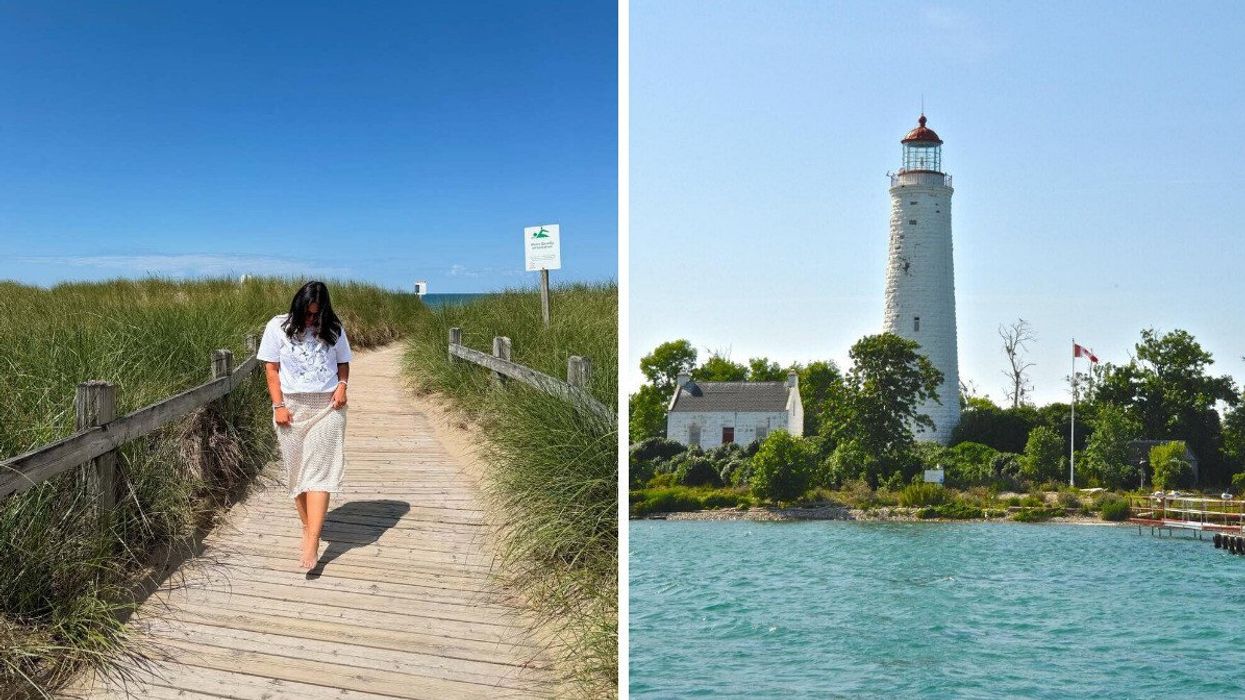 A person walking on a boardwalk. Right: A historic lighthouse.