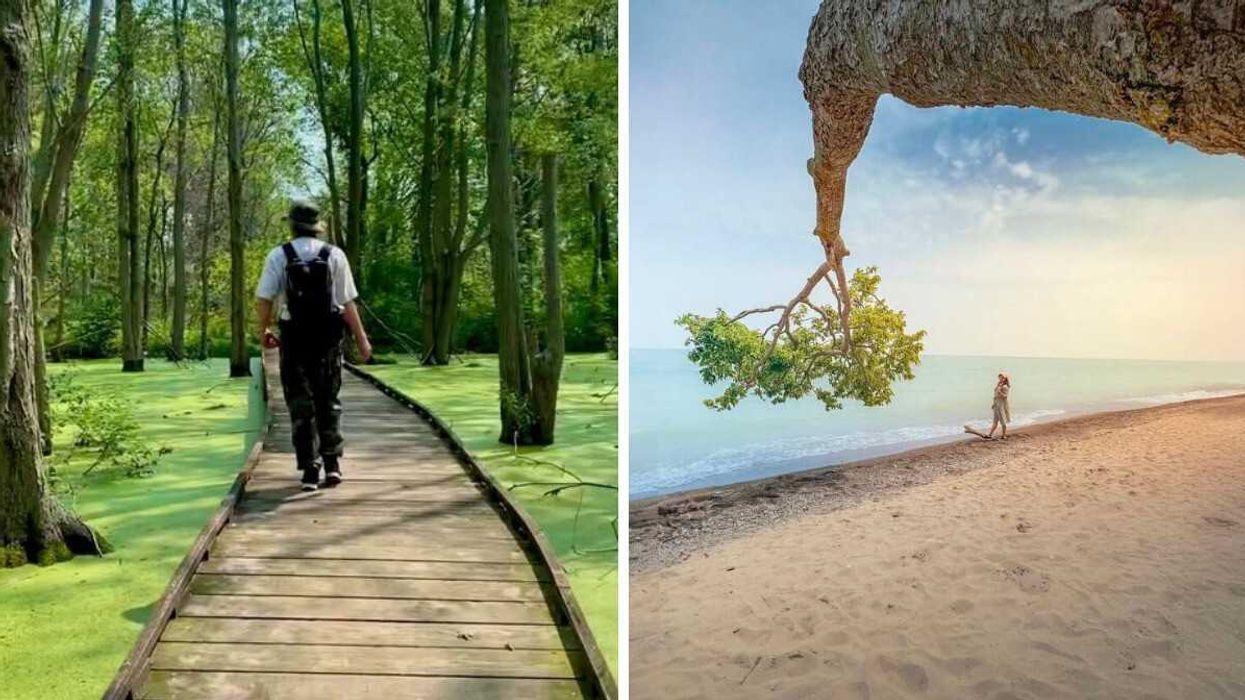A person walking on a boardwalk trail. Right: A person walking on a beach.