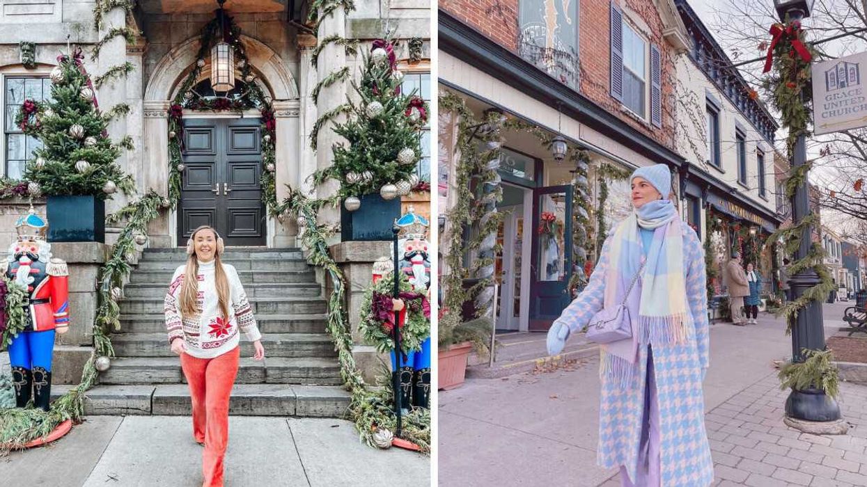 A person walking on a Christmas street. Right: A person on a street with Christmas decor.