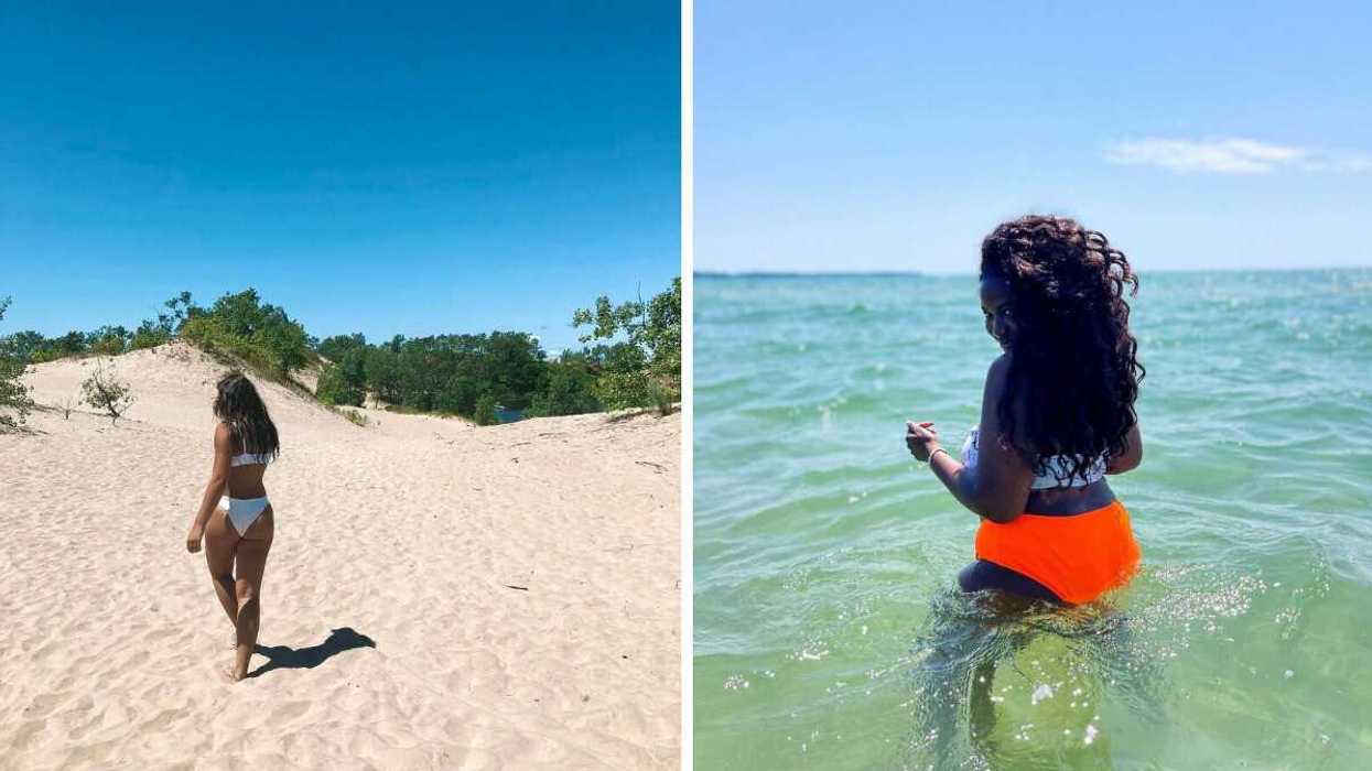 A person walking on a sandy beach. Right: A person swimming in clear waters.