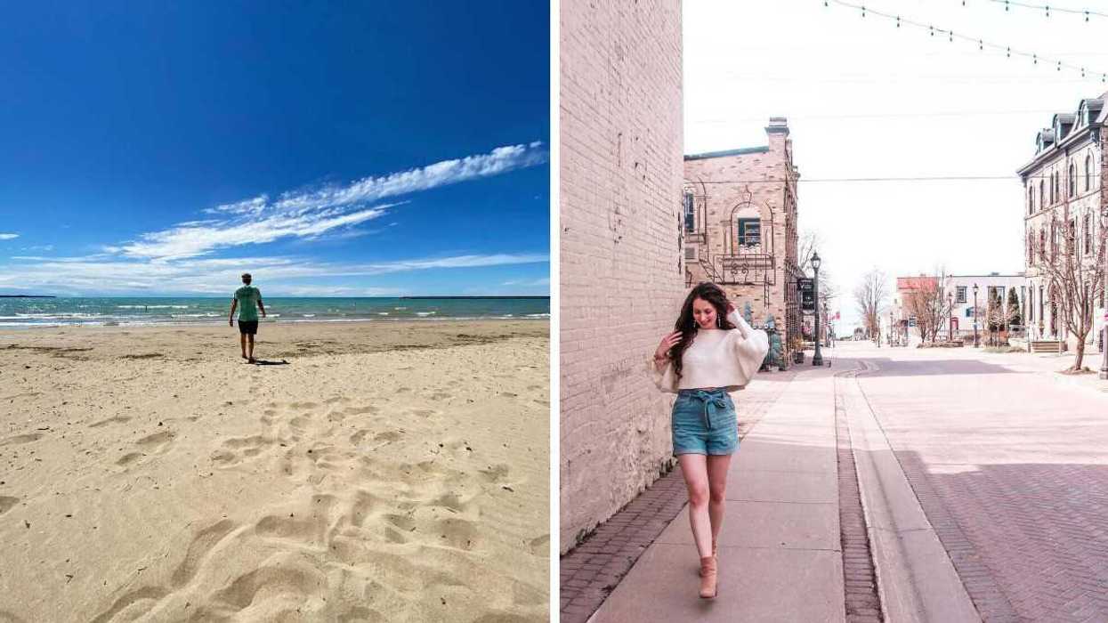 A person walking on a sandy beach. Right: A person walking down a street.