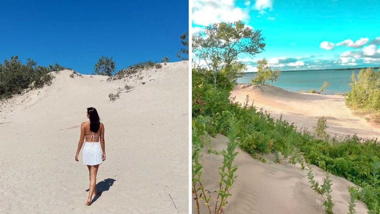 A person walking on a sandy beach. Right: A sandy beach.