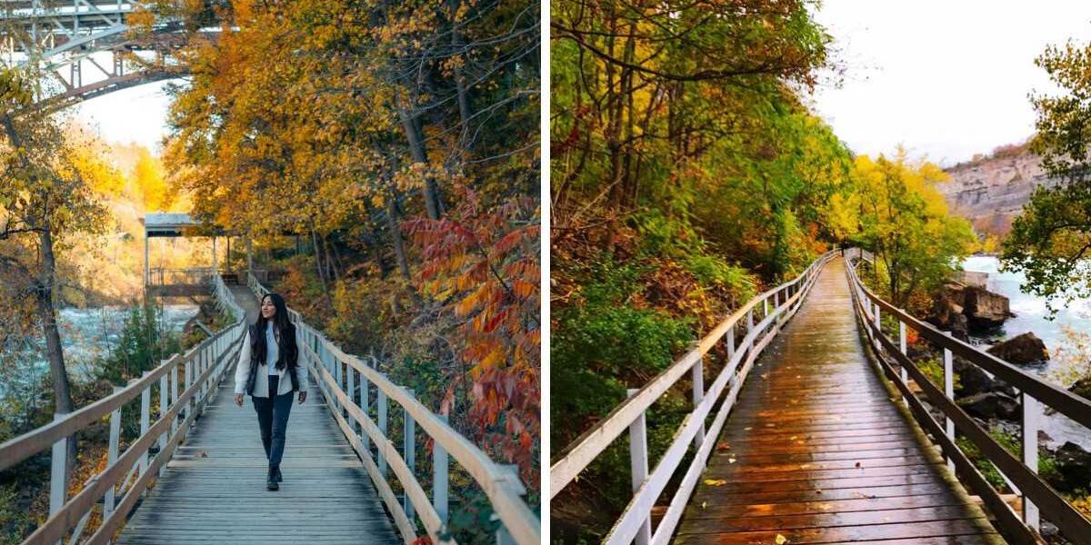 This elevated boardwalk trail near Toronto leads through a vibrant gorge with turquoise water