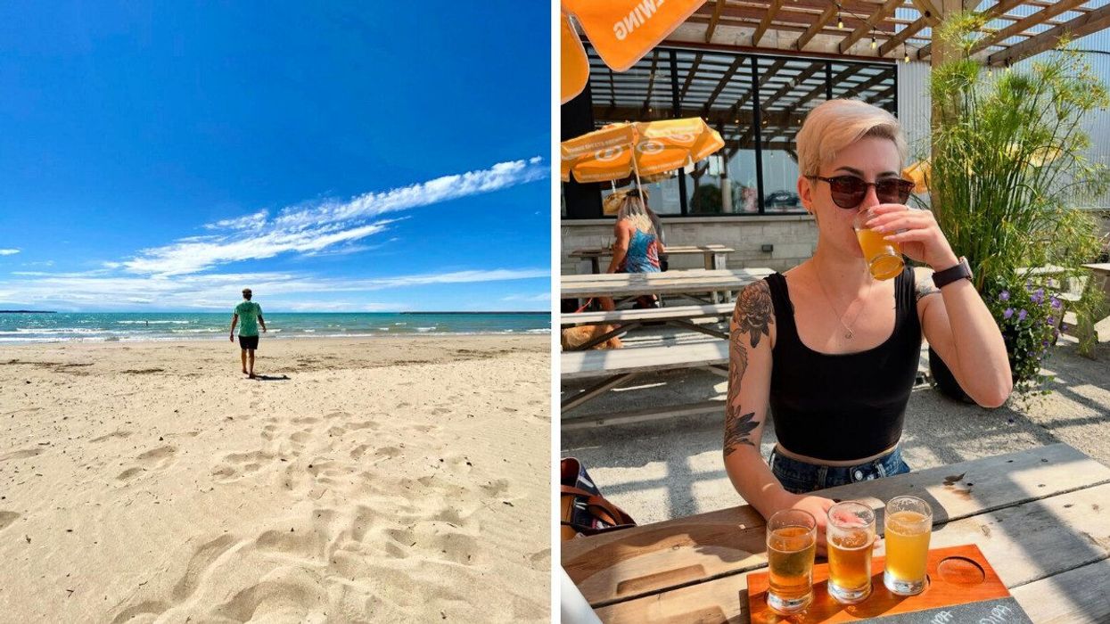 A person walking on a white sand beach. Right: A person drinking a flight of beer.