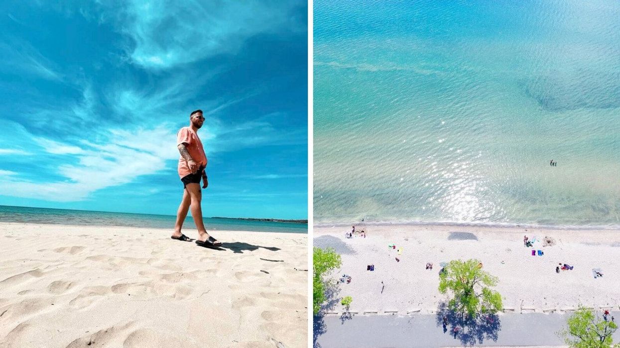A person walking on a white sand beach. Right: An aeiral view of a white sand beach.