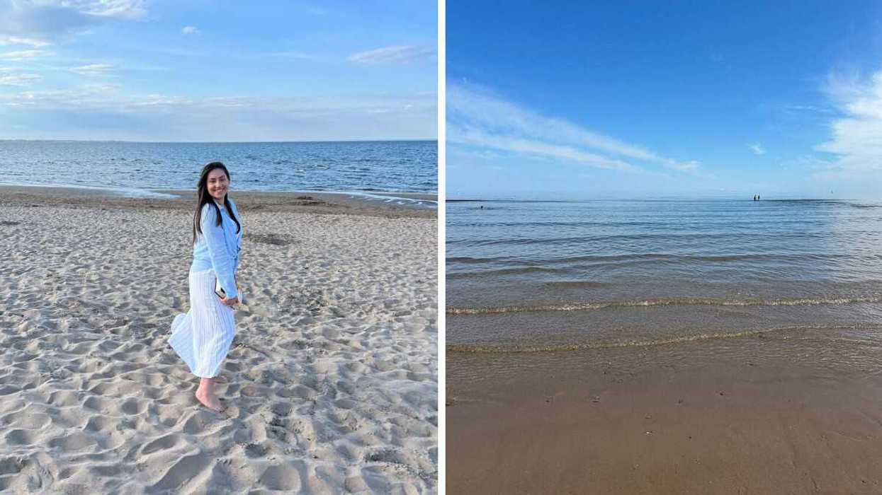 A person walking on a white sand beach. Right: Clear water on a beach.