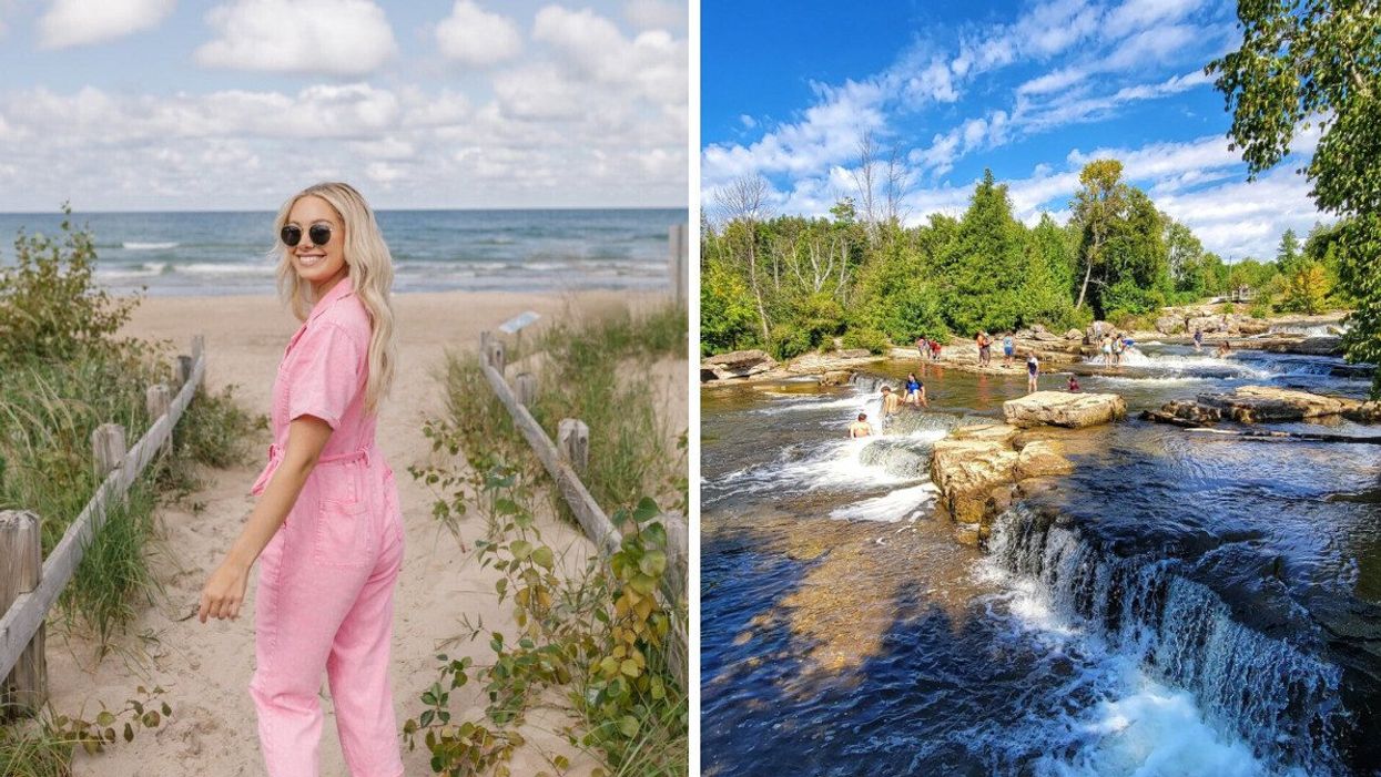 A person walking on Sauble Beach. Right: A sunny day in Sauble Falls Provincial Park.