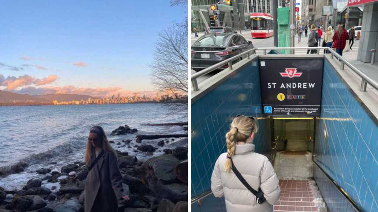 A person walking on the shoreline, next to the ocean. Right: A person walking into St Andrew subway station.
