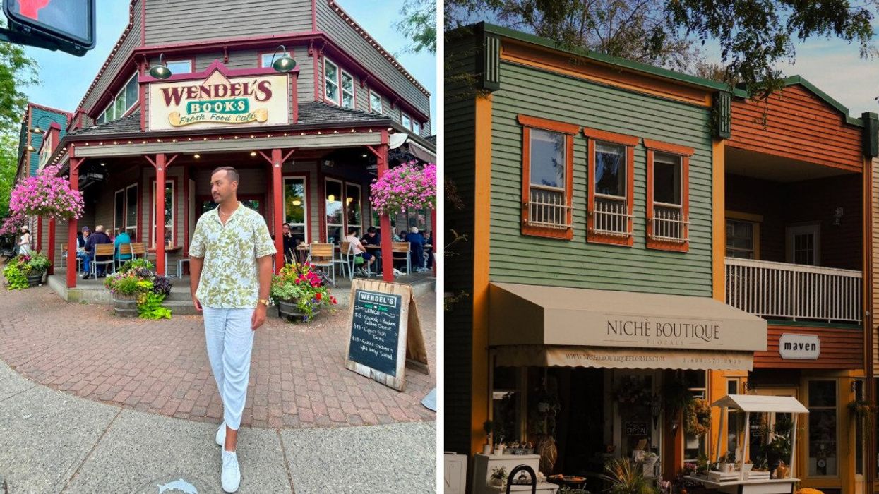 A person walking on the street from a cafe. Right: A small town storefront.