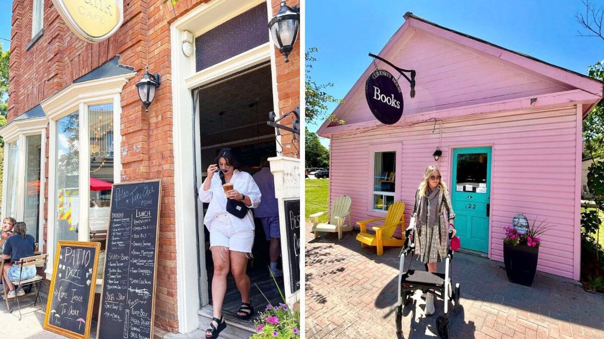 A person walking out of a cafe. Right: A person standing outside a pink store.