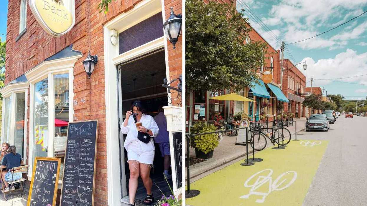 A person walking out of a cafe. Right: A small town.