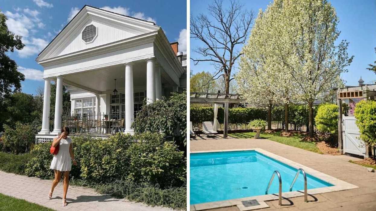 A person walking outside. Right: A pool and patio.