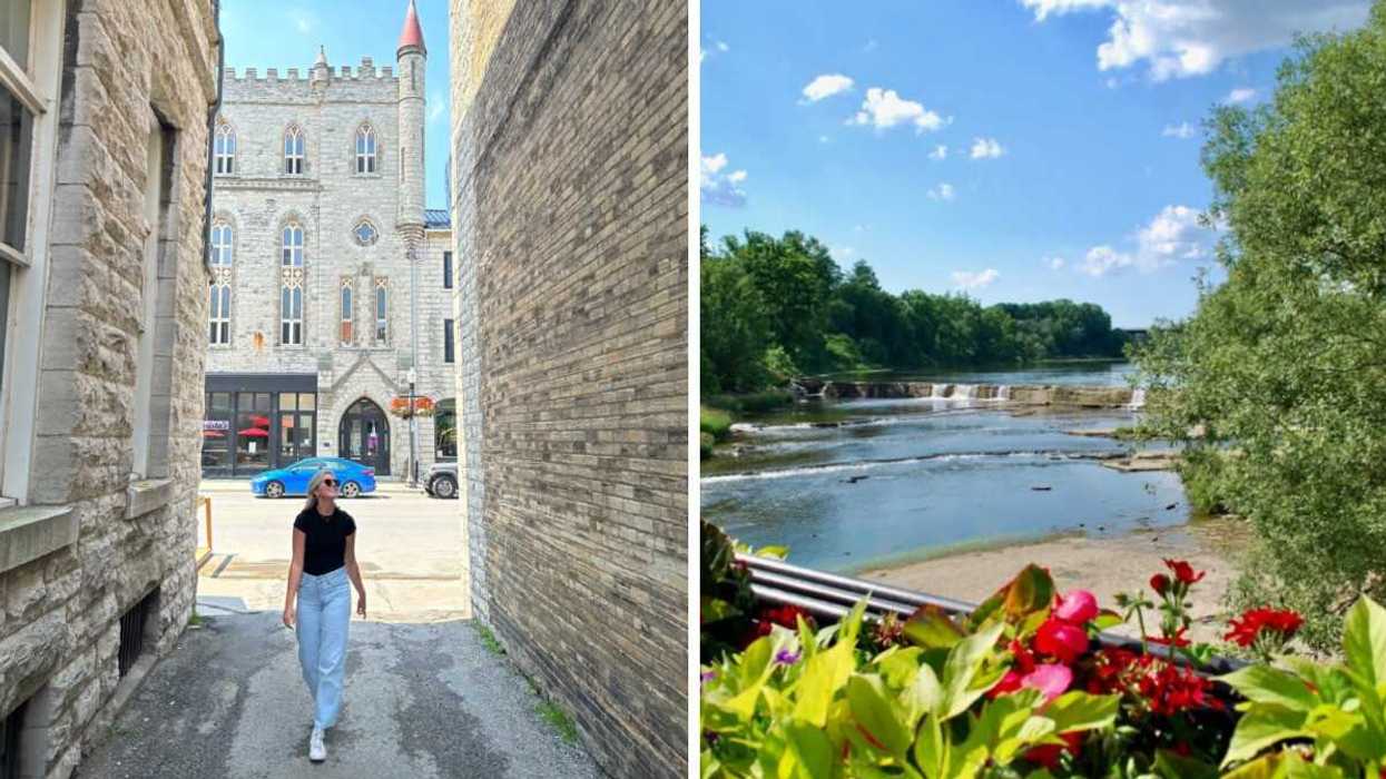 A person walking past stone buildings. Right: A river with a waterfall.