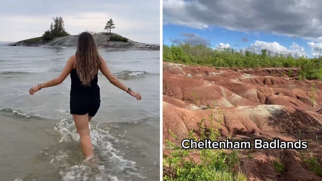 A person walking through the waters at Bathtub Island. Right: The Cheltenham Badlands