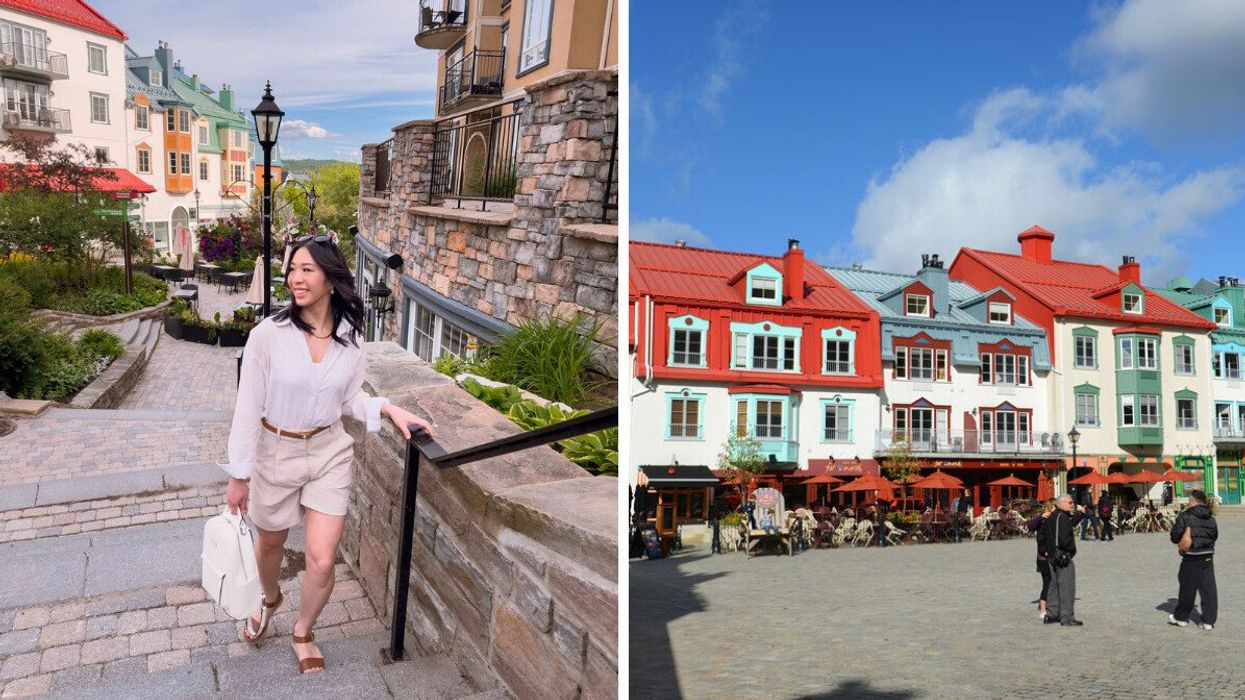 A person walking up steps. Right: A quaint village.