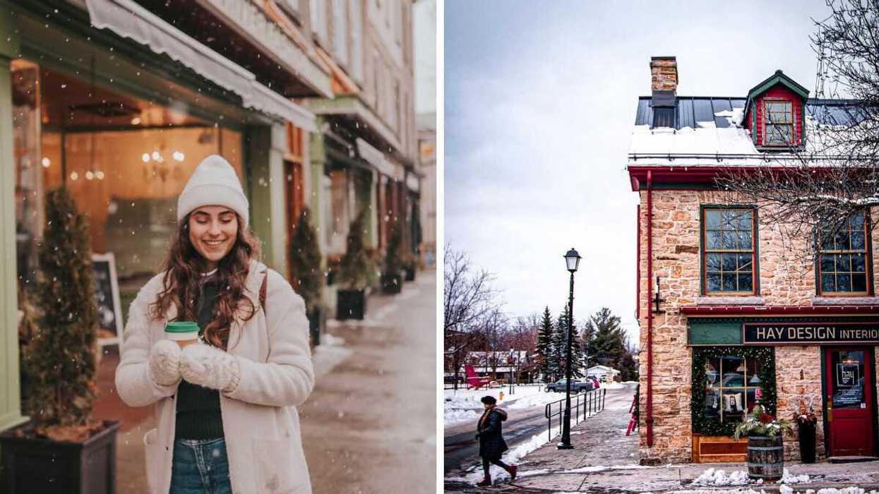 A person walking with a cup of coffee. Right: A historic stone building.