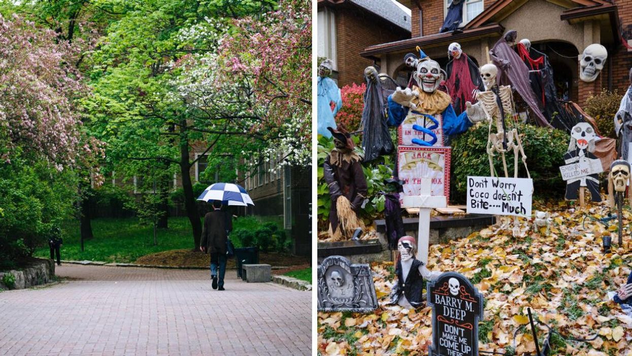 A person walking with an umbrella in Toronto. Right: Halloween decorations.