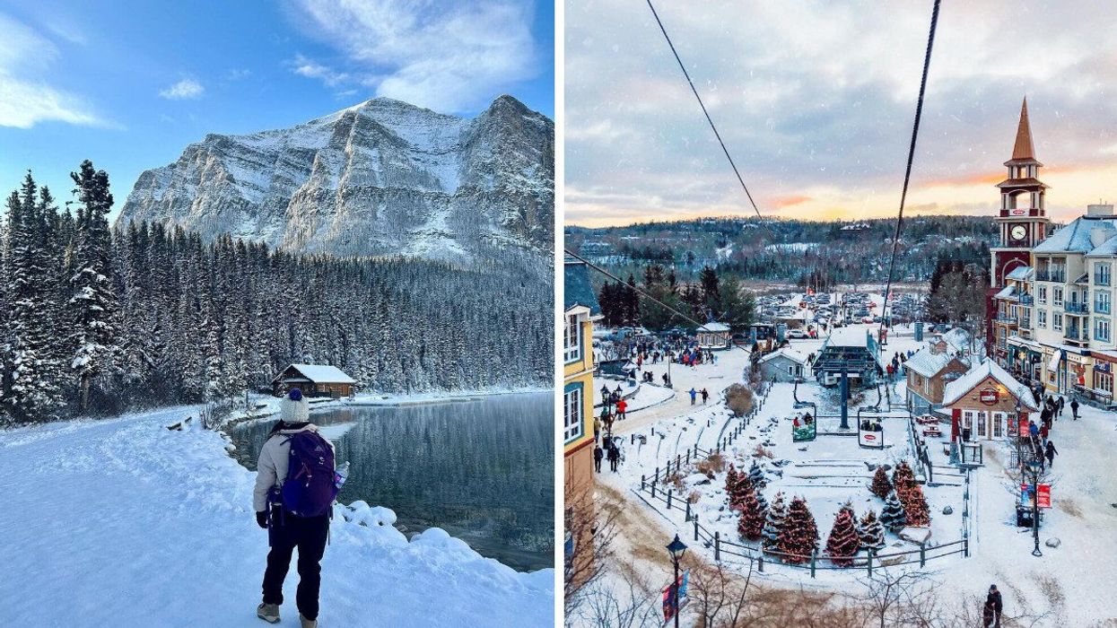 A person walks by a snow covered lake. Right: A ski town in Quebec.