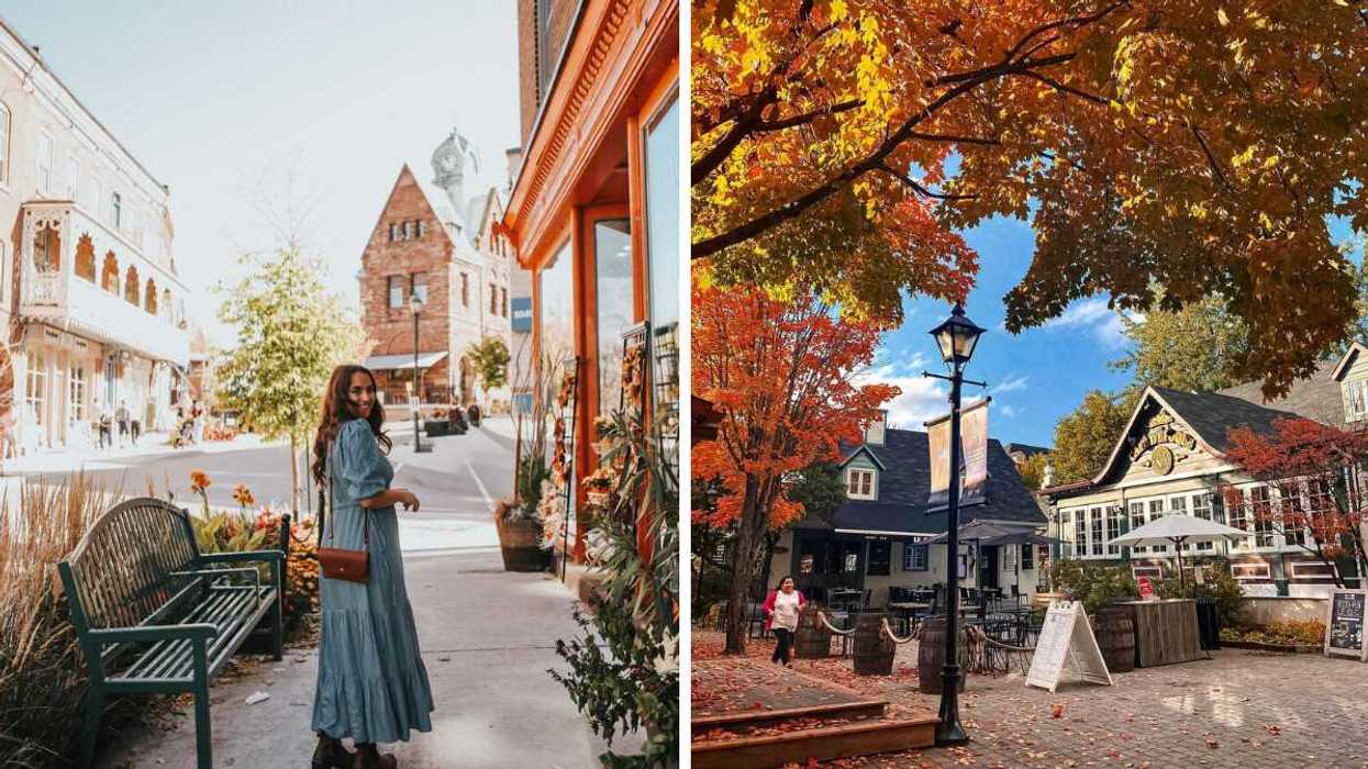 A person walks in a small town near Ottawa. Right: Fall colours in a village near Ottawa.