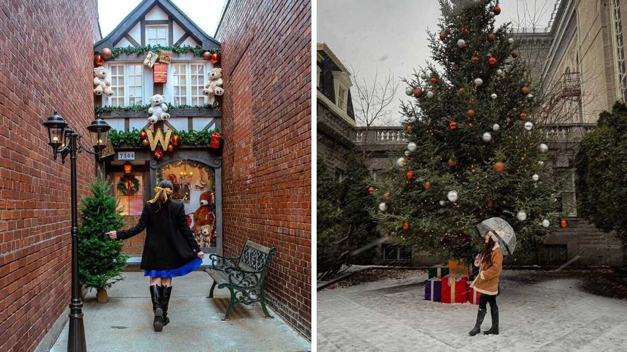 A person walks in an alleyway in a city near Ottawa. Right: A person stands by a Christmas tree in a city near Ottawa. 