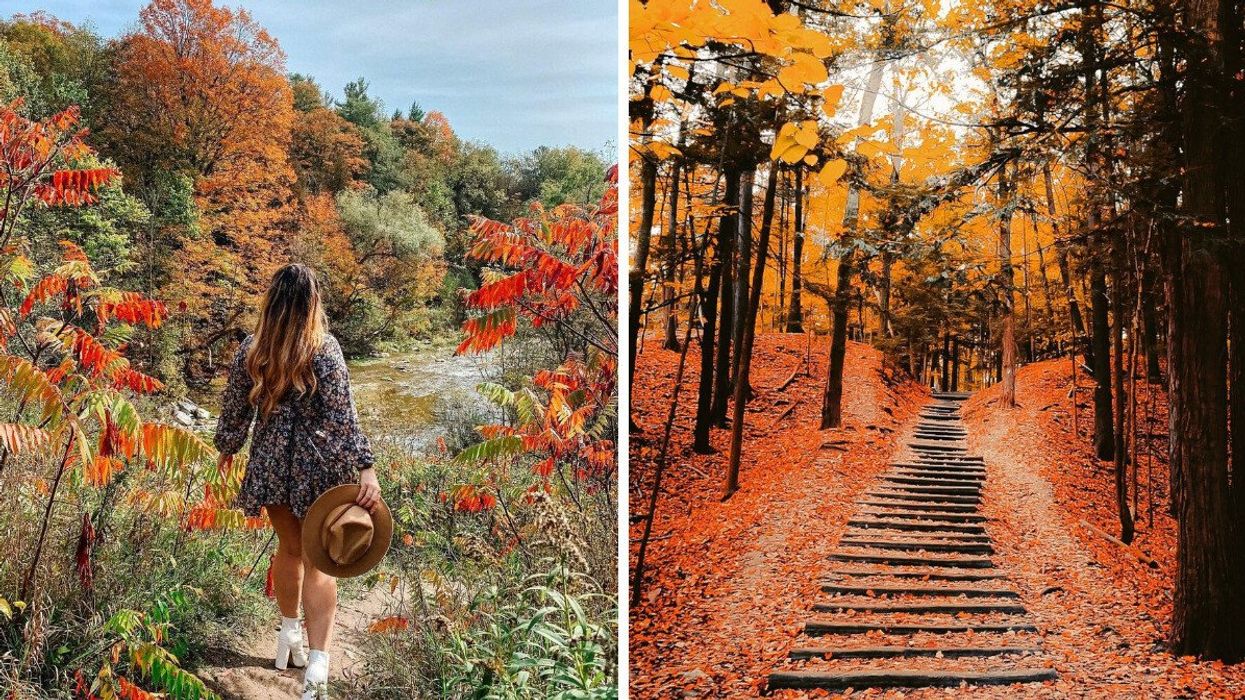 A person walks in Rouge National Urban Park. Right: Fall colours Rouge Park in Toronto.