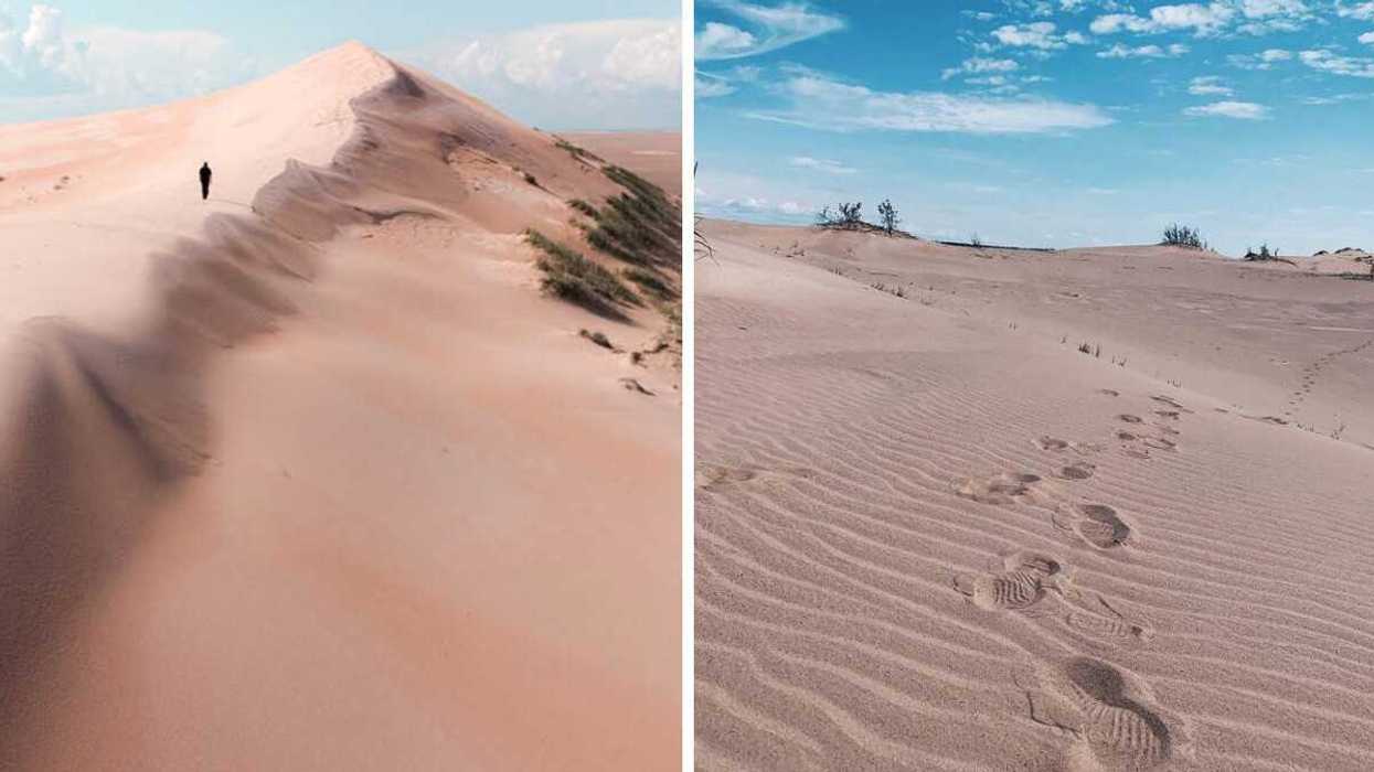 A person walks on a sand dune in Canada. Right: Footsteps are seen on a sand dune in Canada.