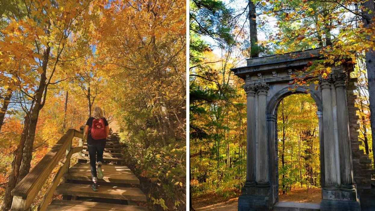 A person walks on a trail in a park near Ottawa. Right: Ruins are seen surrounded by fall colours in a park near Ottawa.