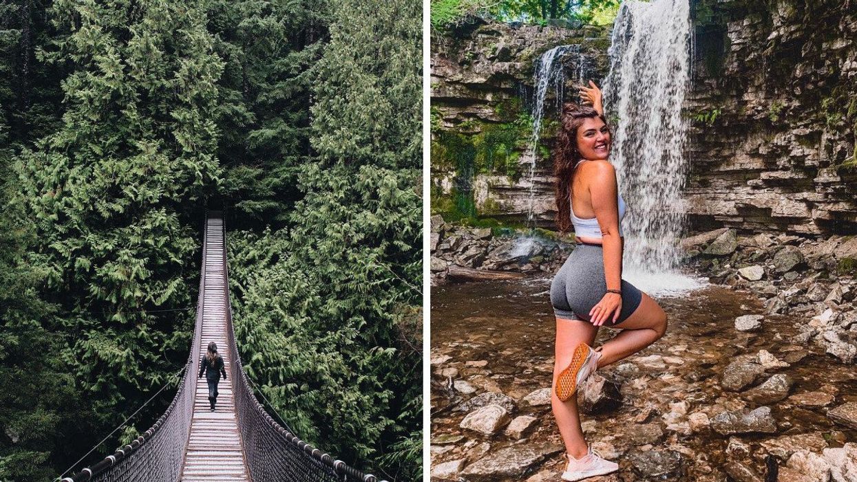 A person walks on the Lynn Canyon Suspension Bridge in Vancouver. Right: A person at Hilton Falls Conservation Area.