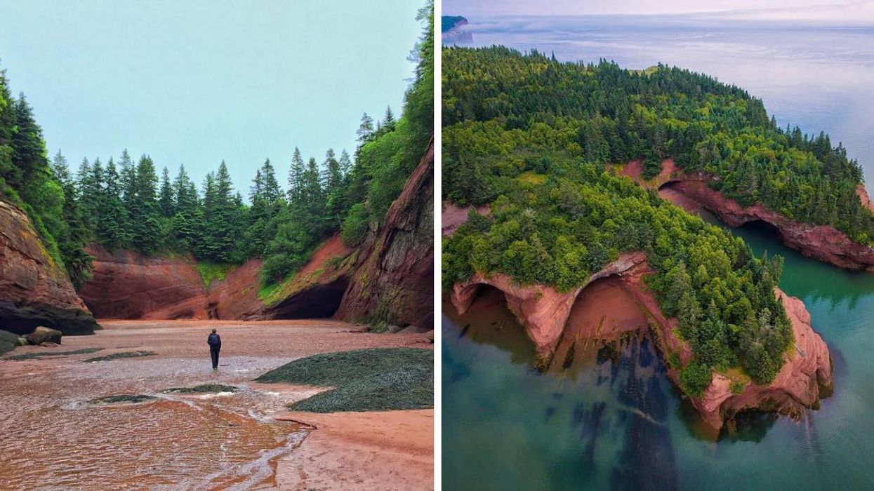 A person walks on the ocean floor in St. Martins, New Brunswick. Right: Sea caves along the Bay of Fundy.