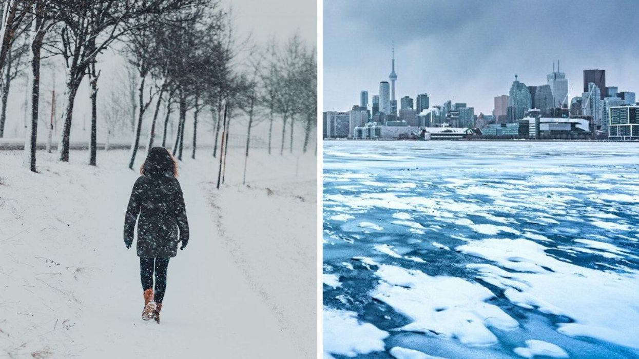 A person walks outside while it's snowing. Right: The city of Toronto is seen covered in snow.