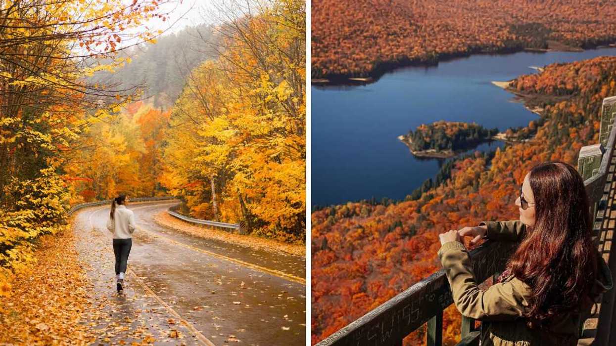 A person walks through a national park in Quebec. Right: A person views fall colours in a national park in Canada.