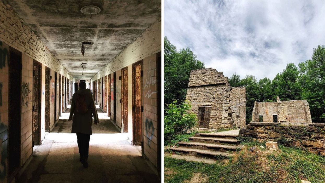 A person walks through an abandoned prison. Right: The ruins of an abandoned building.
