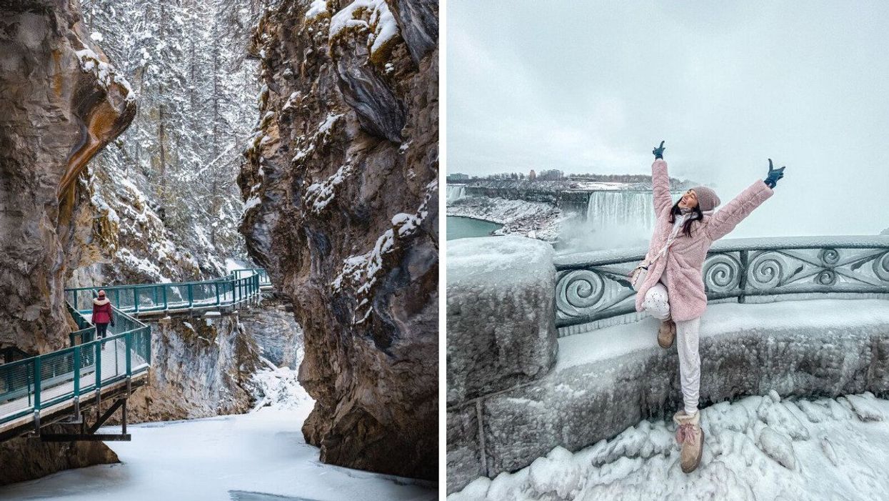 A person walks through Johnston Canyon. Right: A person at Niagara Falls.