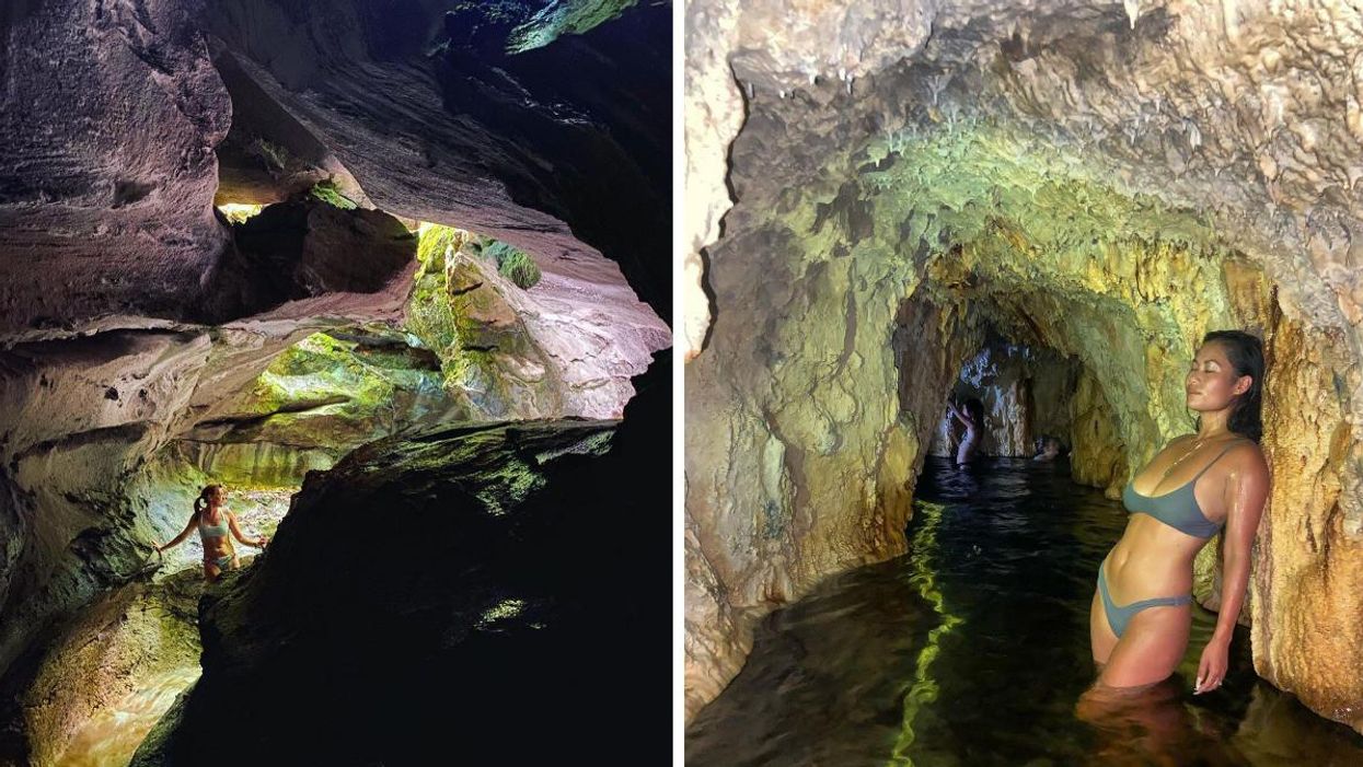 A person walks through Lusk Cave in Quebec. Right: A person stands in the Ainsworth Hot Springs cave in B.C..