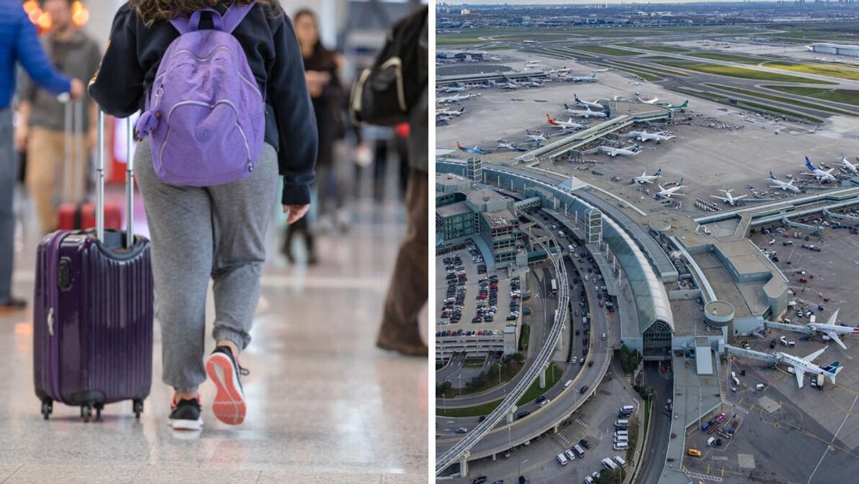 A person walks through Toronto Pearson Airport. Right: An aerial view of aircraft at Toronto Pearson Airport.