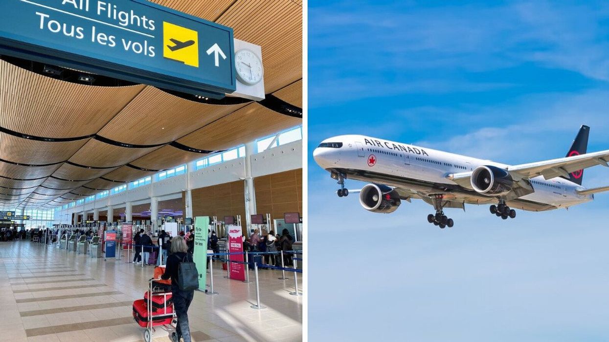 A person walks through Winnipeg International Airport. Right: An Air Canada plane.