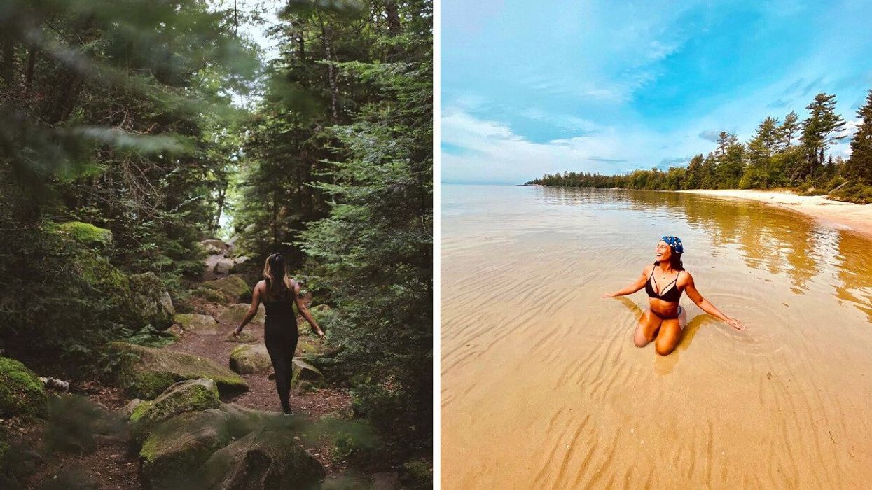A person wandering through a forest. Right: A person on a sandy beach.