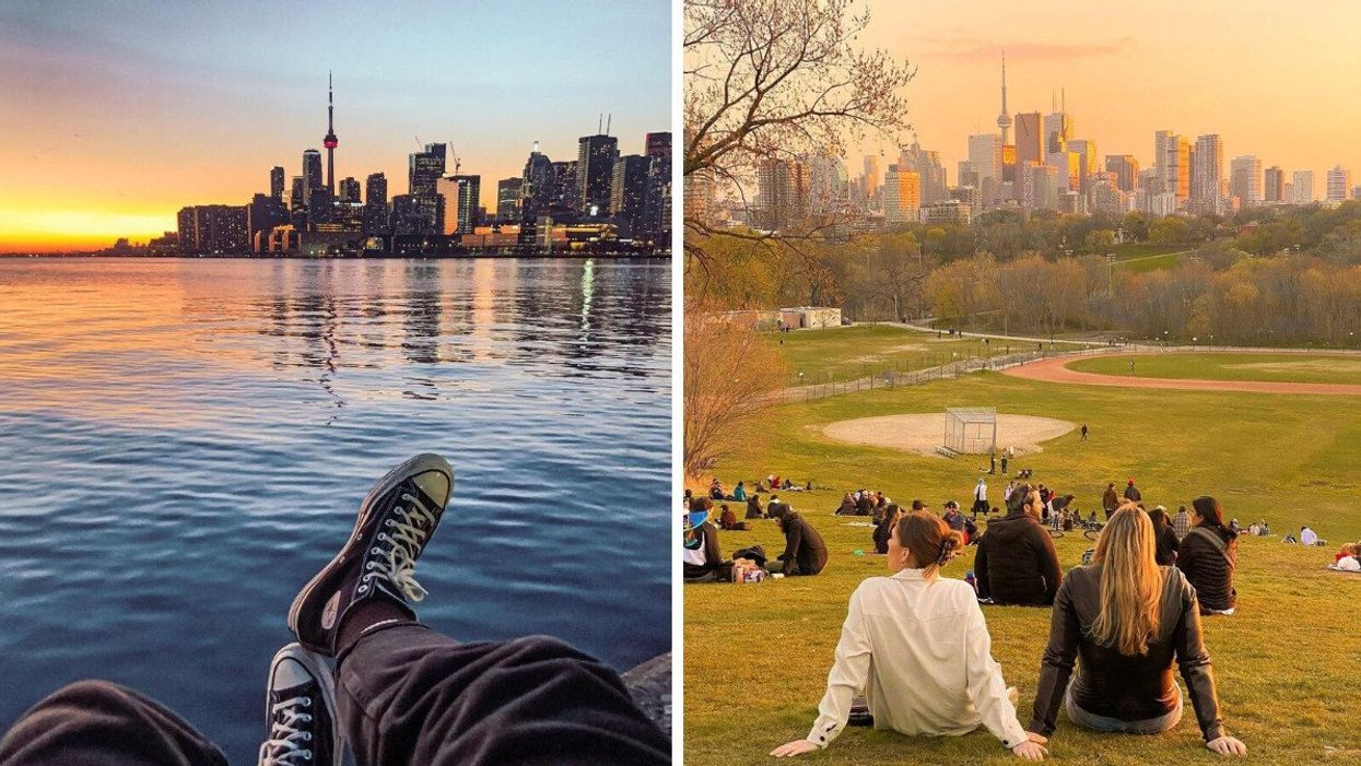 A person watches the sunset at a pier in Toronto. Right: People watch the sunset at a park.