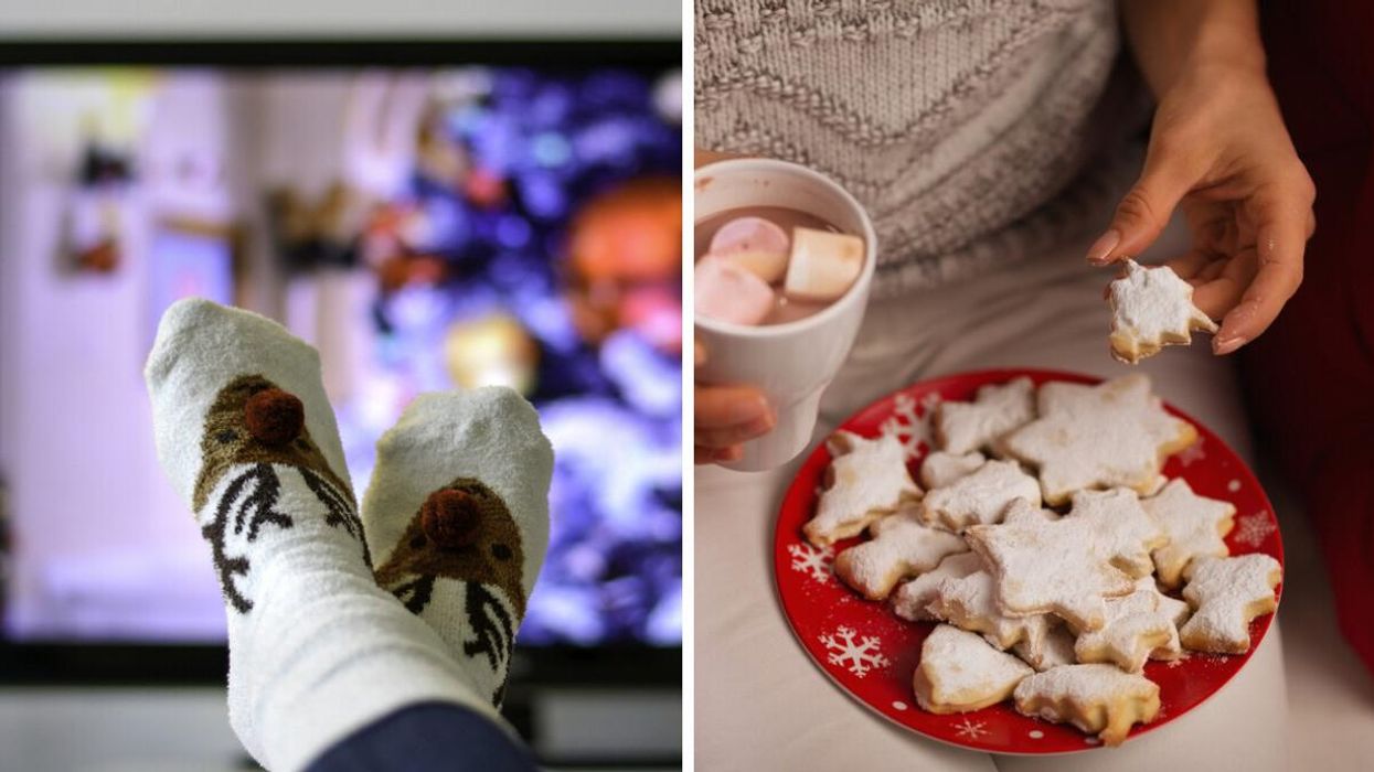 A person watching a Christmas movie. Right: A woman eating cookies and drinking hot chocolate.
